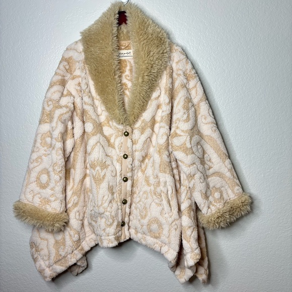 Free People Bleecker Street Tan Oversized Cardi Fur Collar Sweater Size Large/XL - Picture 5 of 12